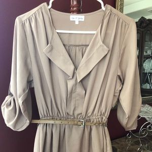 Tan dress with brown belt.